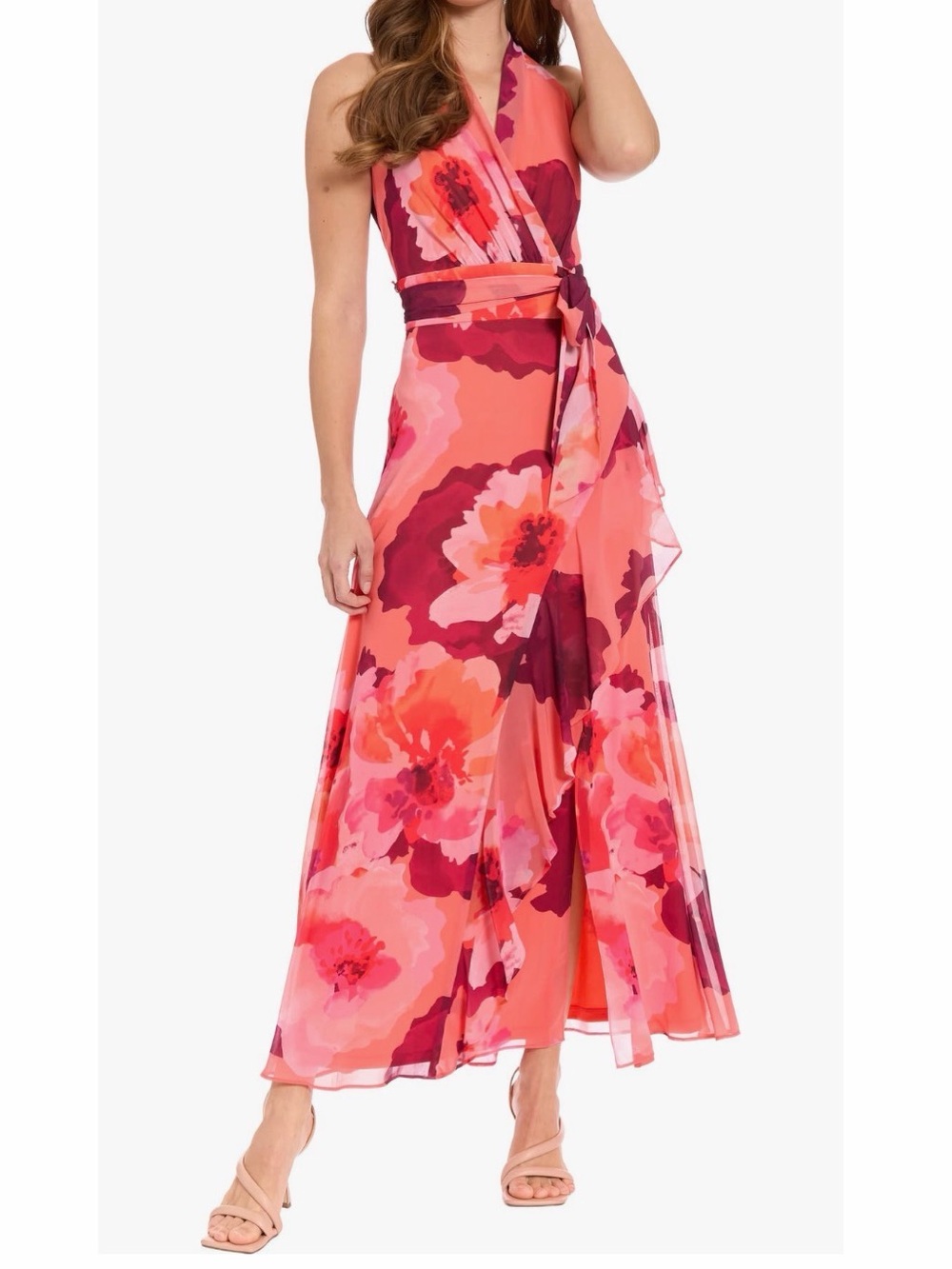 London Times Coral Multi Floral Halter Ruffled Sleeveless Maxi Dress